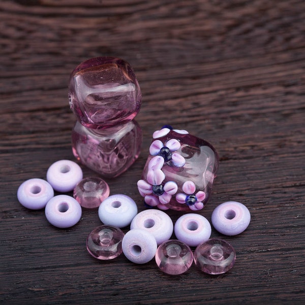 Hollow Lampwork Glass Bead Set in Purple Amethyst