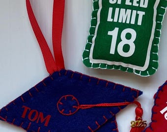 Red & Blue Personalized Graduation Cap Ornament/ Speed Limit 18 /MS Ornament