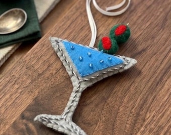 Felt Martini Christmas Ornament, Blue Cocktail Decor with Olives and Beads, Handmade Bar Cart Ornament, Hostess Gift for Drink Lovers