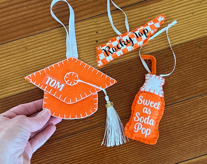 Tennessee Ornament/ Rocky Top ornament/ Personalized Graduation Cap Orange & White Ornament/ Sweet as Soda Pop/ Orange White School Colors