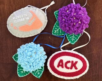 Handmade Nantucket Ornament Set: ACK Decal, Hydrangea, Grey Lady Gift