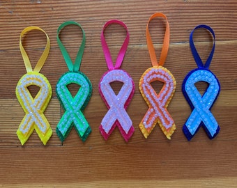 Handmade Beaded Awareness Ribbon Ornament: Cancer Support