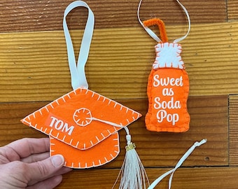Orange & White Personalized Graduation Cap Ornament/ Sweet as Soda Pop/ Orange White School Colors