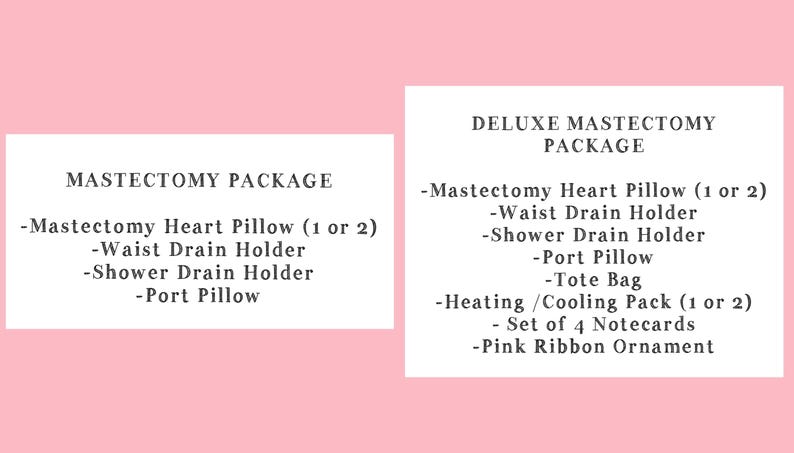Pode incluir: Dois cart&otilde;es informativos retangulares brancos com texto preto em um fundo rosa. O cart&atilde;o esquerdo lista um Mastectomy Package incluindo uma almofada de cora&ccedil;&atilde;o, suporte de drenagem de cintura, suporte de drenagem de chuveiro e almofada de porta. O cart&atilde;o direito lista um Deluxe Mastectomy Package com itens adicionais como uma sacola, bolsa t&eacute;rmica, cart&otilde;es de notas e um ornamento de fita rosa.
