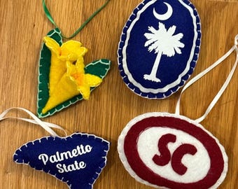 Handmade Felt South Carolina Ornament Set: Palmetto State, SC Oval Decal, Yellow Jasmine