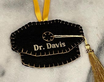Personalized Graduate School Graduation Tam Ornament/ Black & Gold Graduation Cap/ Masters or Doctoral Degree Graduation/ 2025 Graduation