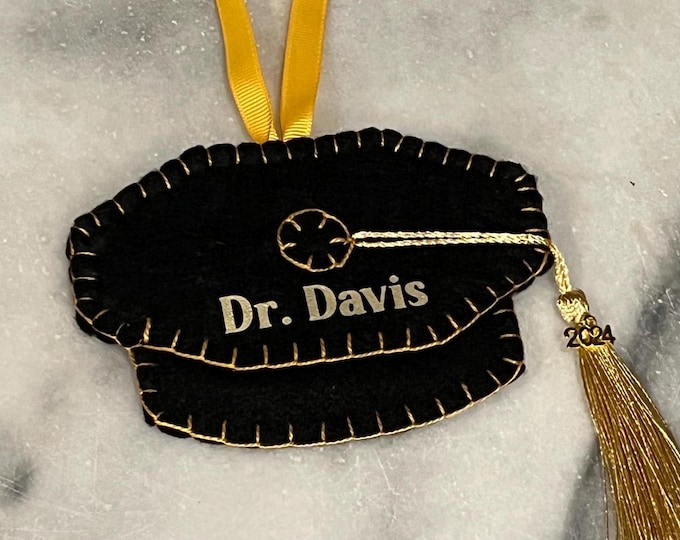 Personalized Graduate School Graduation Tam Ornament/ Black & Gold Graduation Cap/ Masters or Doctoral Degree Graduation/ 2025 Graduation