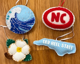 Handmade Felt North Carolina Ornament Set: Tar Heel State, NC Oval Decal, Dogwood, Ocean Wave