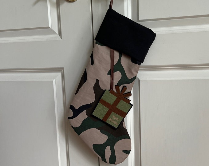 Cammo Birthday Stocking/ Christmas Birthday/ Hunting Birthday/Start a Birthday Tradition/Unique Baby Gift/Goodie Bag