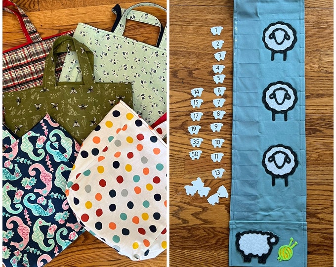Knitting Gift Set/ Hanging, Circular Needle Holder & Reversible Tote Bag/ Project Bag
