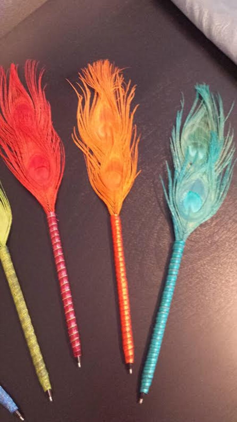 Two Colorful Peacock Feather Pens Hand Made Etsy