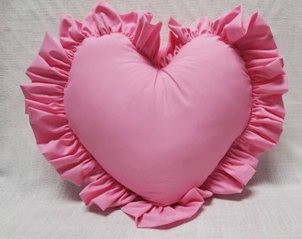 Pink Poly cotton Heart Pillow with Ruffles 16"