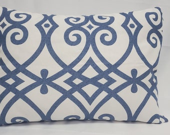 Blue and white geometric print pillow cover with zipper 14" x 21"