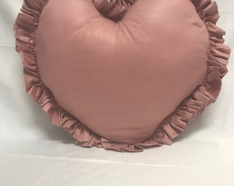 Dusty Rose Poly cotton Heart Pillow with Ruffles 16"