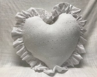 White Mock Eyelet Heart Pillow with Ruffles 16"