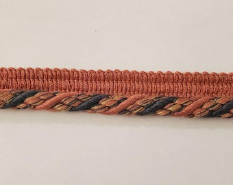 1/2 inch twisted cord trim with lip - desert coral and dove gray - for sewing and crafts, Upholstery, home decor (A41)