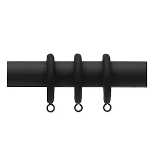 May include: Three black curtain rings with metal hooks. The rings are made of a soft, pliable material and are designed to slide easily over a curtain rod.