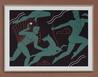 Art Deco Postmodern Contemporary Male Nudes Battle Scene Original Art Print