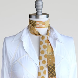 Handmade Patchwork Print Skinny Scarf, Mustard Gold Neck Bow