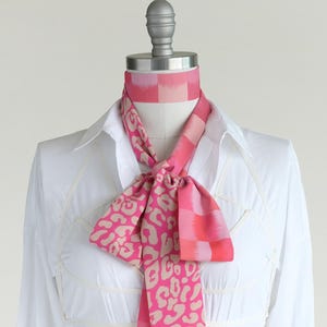 Pink Checkered Leopard Print Skinny Scarf, Handmade Polyester Sash