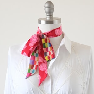 Bright jewel tone rose check skinny scarf, hair scarf, boho retro vibe scarf, ribbon scarf, pussybow tie, jeans outfit upgrade