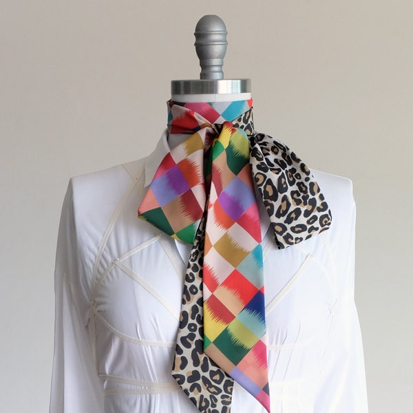 Maxi long skinny scarf in Spring color check and leopard print, bright workwear scarf, women's 70's sash, pussybow tie, hip hair wrap