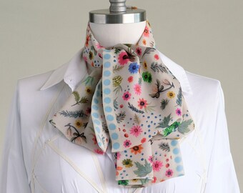 Ethereal jewel tone floral chiffon scarf, pretty bow ascot, botanical chiffon scarf, feminine soft work accent, sweet bloom scarf