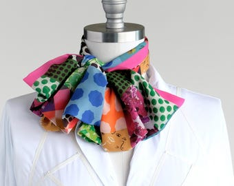 Jewel Tone Chiffon Scarf: Patchwork Print Boho Neck Bow
