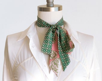 Garden green geo and pink rose skinny scarf, hair wrap, women's necktie, ribbon choker scarf, boss bow, long skinny sash
