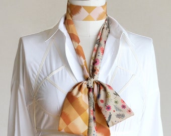 Honey gold check jewel-toned floral maxi skinny scarf, boho workwear scarf, boho style long sash, blouse-bow tie, hippy-chic hair wrap