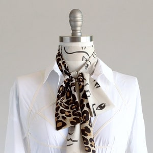 Face & Leopard Print Skinny Scarf: 70s Style Polyester Neck Scarf