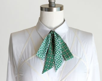 Deco green geo print skinny scarf, green pink hair wrap, women's necktie, ribbon choker scarf, boss bow, long skinny sash