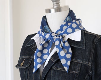 Blue rose dot triangle scarf, stylish fashion neck scarf, statement workwear accent, travel chic hair wrap, bright neckwear, best mom gift