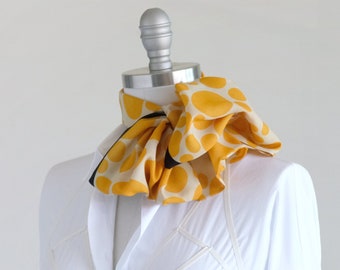 Sunny yellow chiffon oblong scarf, pussy-cat bow tie, stylish bright work accent, fluffy neck bow in a yellow dot, stylish mom gift