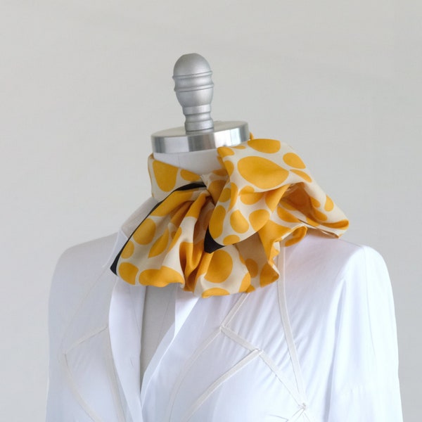 Sunny yellow chiffon oblong scarf, pussy-cat bow tie, stylish bright work accent, fluffy neck bow in a yellow dot, stylish mom gift