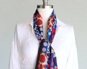 Red white and blue chiffon scarf, oblong patriotic fun fashion, women's patchwork polka dot neck scarf, stylish mom fashion