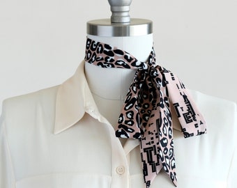 Leopard skinny scarf, pink black scarf, hair scarf, neck scarf, ribbon scarf, pussybow tie, casual outfit style, gift ready scarf