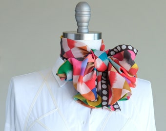 Bright colorful check chiffon scarf, harlequin check bow, happy fun accent, jewel-tone art statement ascot, pin-up hair tie, mom gift scarf