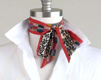 Check leopard skinny scarf, jewel tone scarf, hair scarf, retro vibe choker, ribbon scarf, boho outfit scarf, ladies bow tie
