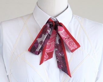 Floral red-edged skinny scarf, burgundy rose hair wrap scarf, berry choker bow ribbon scarf, pussy-bow tie, boho accent, style mom gift