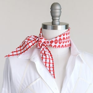 Red plaid cotton seersucker 2-sided neckerchief, cute casual cotton summertime scarf, ascot neck scarf, western check bandana, denim upgrade
