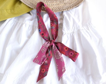 Raspberry red floral and pink rose skinny scarf, women's necktie, ribbon choker scarf, long hair wrap, boho boss bow