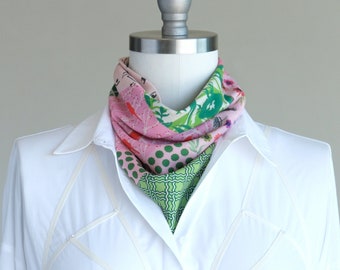 Green and pink patterned triangle bandana scarf, ascot neckerchief, cowgirl style gift, patchwork style scarves, soft choker scarf