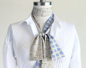 Long minimalist skinny scarf, 70s retro sash, big bow tie, sky blue scarf, pastel hair wrap, pussybow tie, women's work style