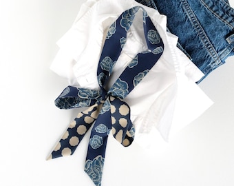 Blue floral skinny scarf, hair wrap, women's necktie, indigo blue ribbon choker scarf, modern professional style accent, boho-style belt