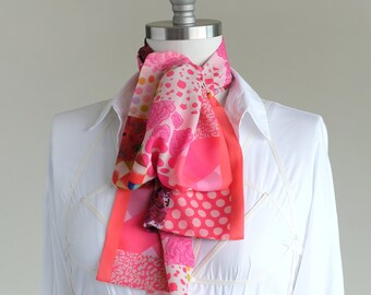 Bright pink patchwork print scarf, chic hot pink chiffon scarf, women's bold ascot, oblong blouse bow scarf, lovely fashion scarf