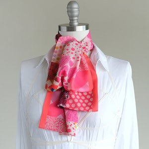 Bright pink patchwork print scarf, chic hot pink chiffon scarf, women's bold ascot, oblong blouse bow scarf, lovely fashion scarf image 1