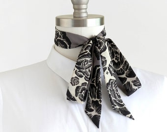 Floral skinny scarf, rose scarf, hair wrap scarf, grey and black thin neck scarf, ribbon scarf, pussybow tie, ladies necktie, casual style