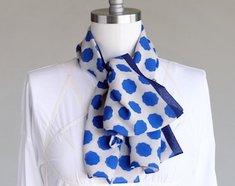 Royal blue dot chiffon scarf, mom boss gift, vivid blue scarf, bold statement scarf, stylish workwear accent, pussycat neck bowtie