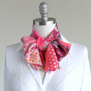 Bright pink patchwork print scarf, chic hot pink chiffon scarf, women's bold ascot, oblong blouse bow scarf, lovely fashion scarf image 3